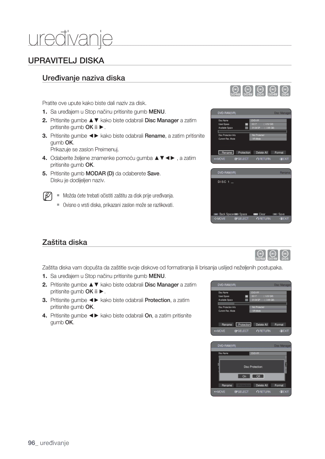 Samsung DVD-HR773/EDC, DVD-HR777/EDC, DVD-HR775/EDC manual Xcvkl, Upravitelj Diska, Uređivanje naziva diska, Zaštita diska 