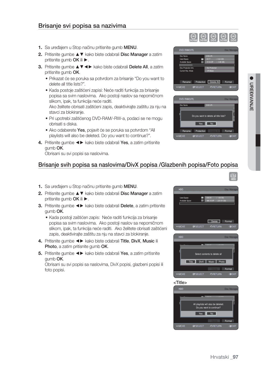 Samsung DVD-HR777/EDC, DVD-HR773/EDC, DVD-HR775/EDC manual Brisanje svi popisa sa nazivima 