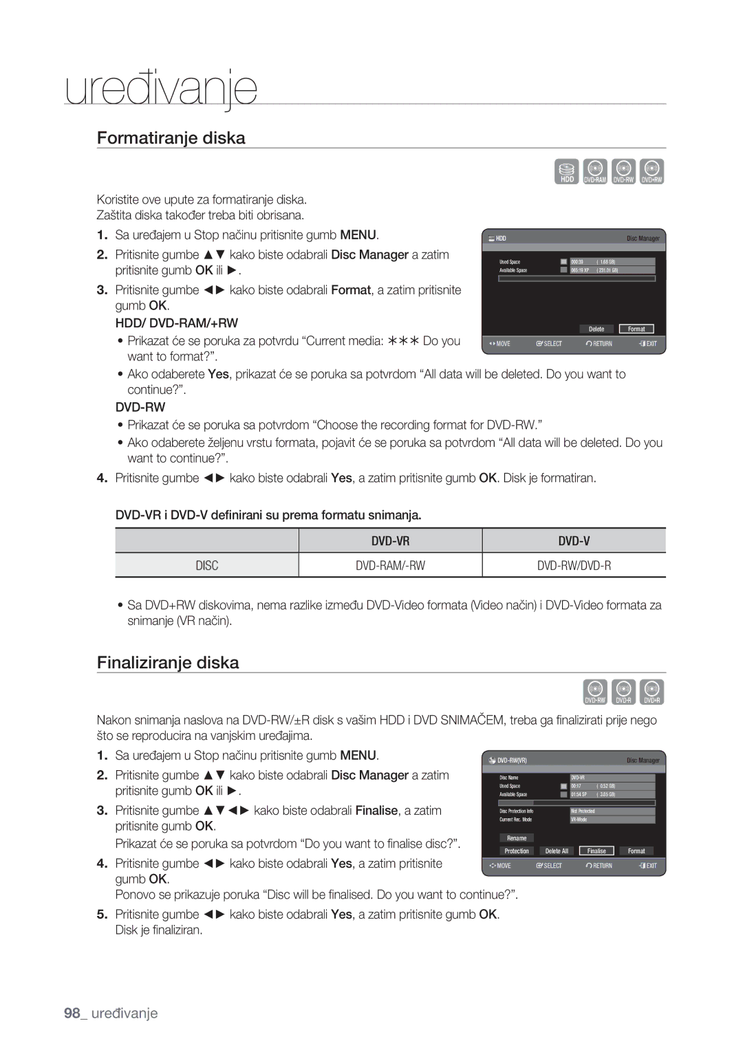 Samsung DVD-HR775/EDC, DVD-HR773/EDC manual Cvl, Formatiranje diska, Finaliziranje diska, Hdd/ Dvd-Ram/+Rw, DVD-VR Disc 