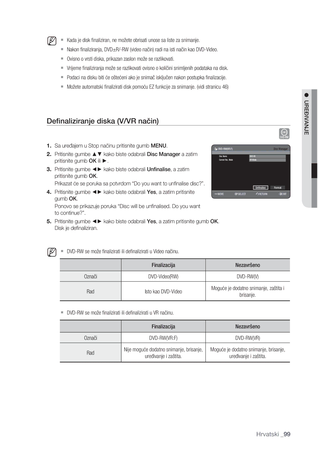 Samsung DVD-HR773/EDC, DVD-HR777/EDC, DVD-HR775/EDC manual Deﬁnaliziranje diska V/VR način 