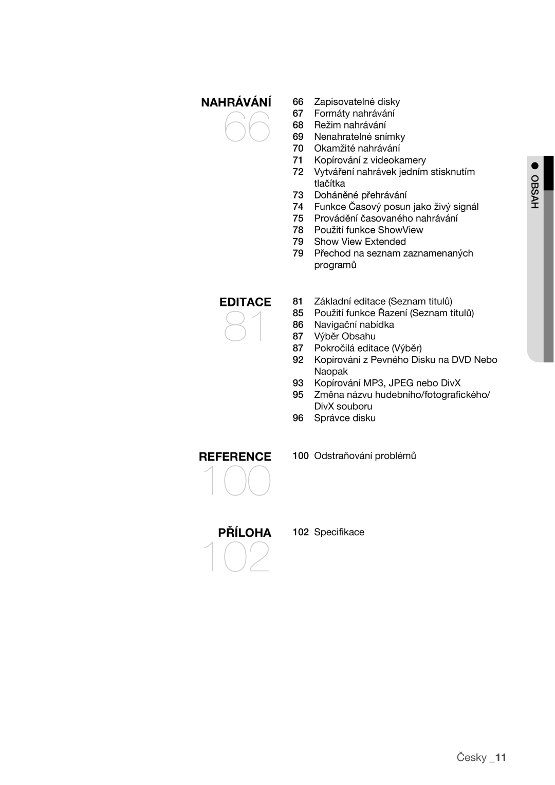 Samsung DVD-HR773/EDC manual Příloha 102 Speciﬁkace, Obsah 