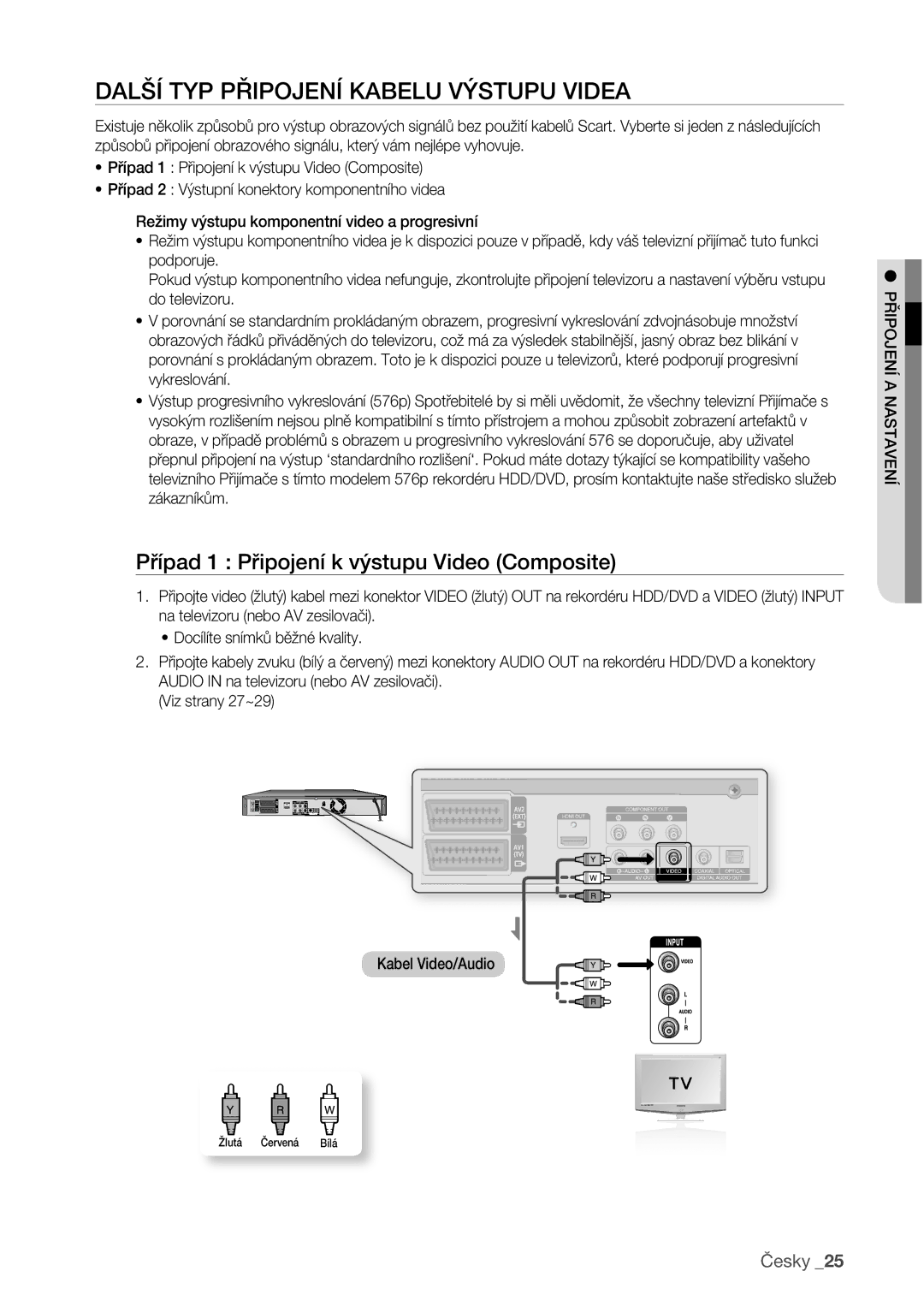 Samsung DVD-HR773/EDC manual Další TYP Připojení Kabelu Výstupu Videa, Případ 1 Připojení k výstupu Video Composite 