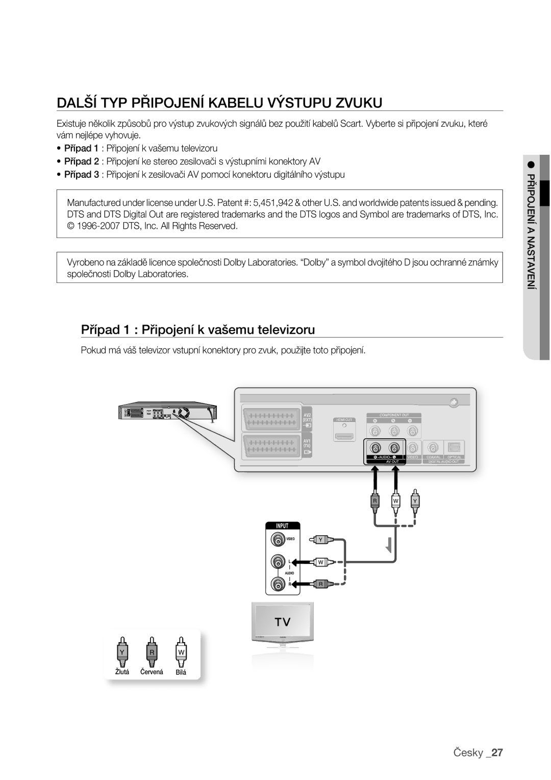 Samsung DVD-HR773/EDC manual Další TYP Připojení Kabelu Výstupu Zvuku, Případ 1 Připojení k vašemu televizoru 