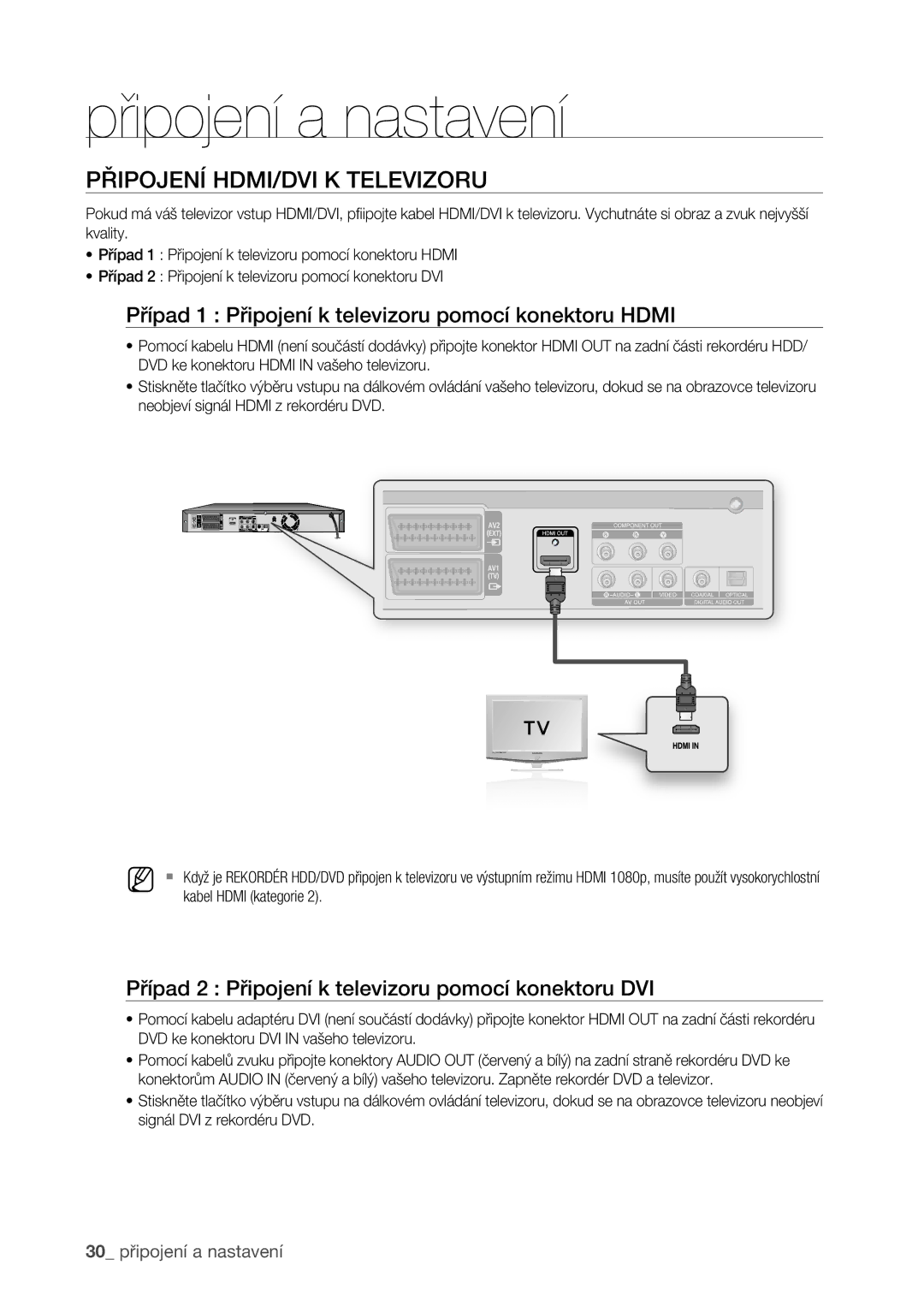 Samsung DVD-HR773/EDC manual Připojení HDMI/DVI K Televizoru, Případ 1 Připojení k televizoru pomocí konektoru Hdmi 