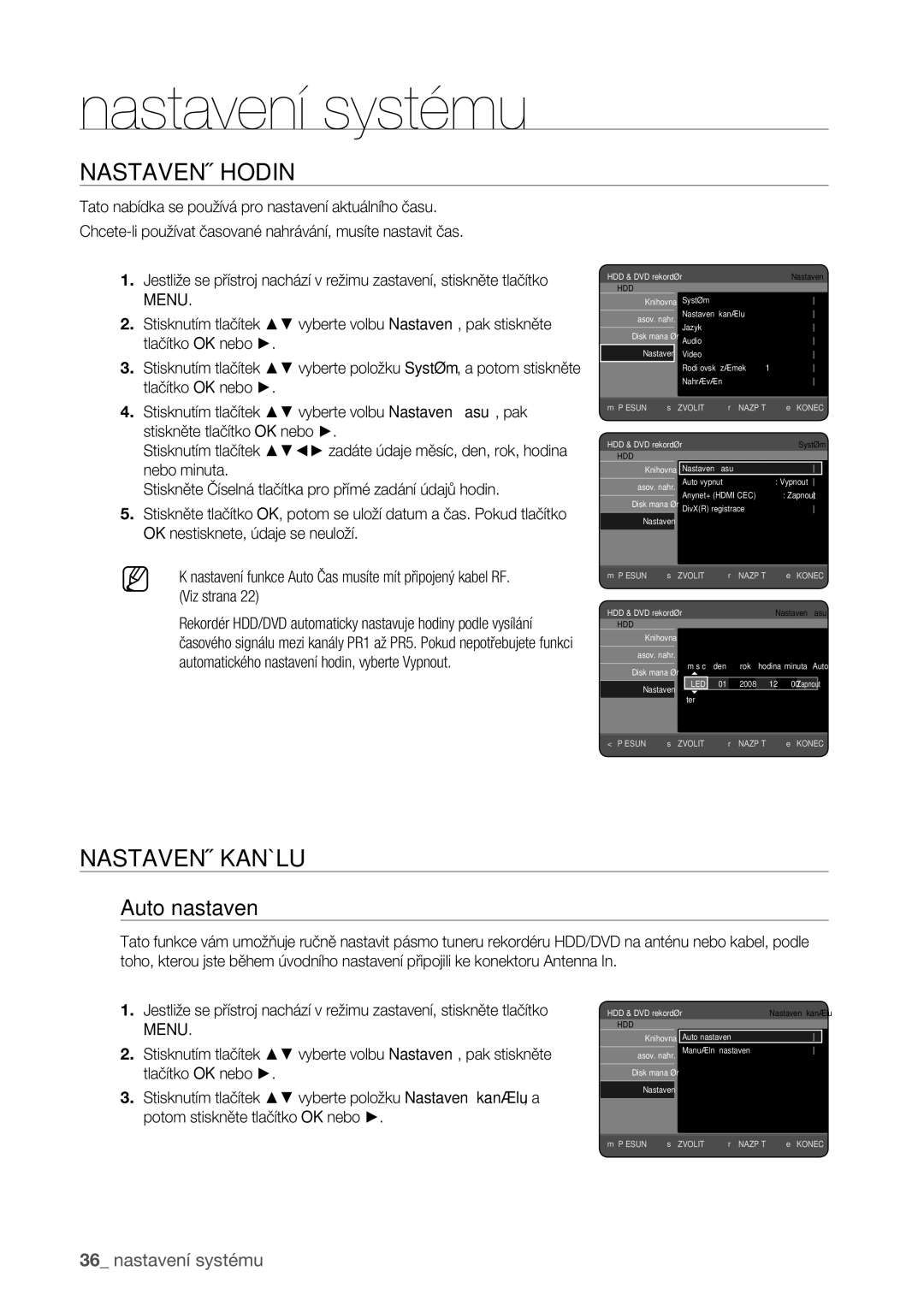 Samsung DVD-HR773/EDC manual Nastavení Hodin, Nastavení Kanálu, Auto nastavení, Menu 