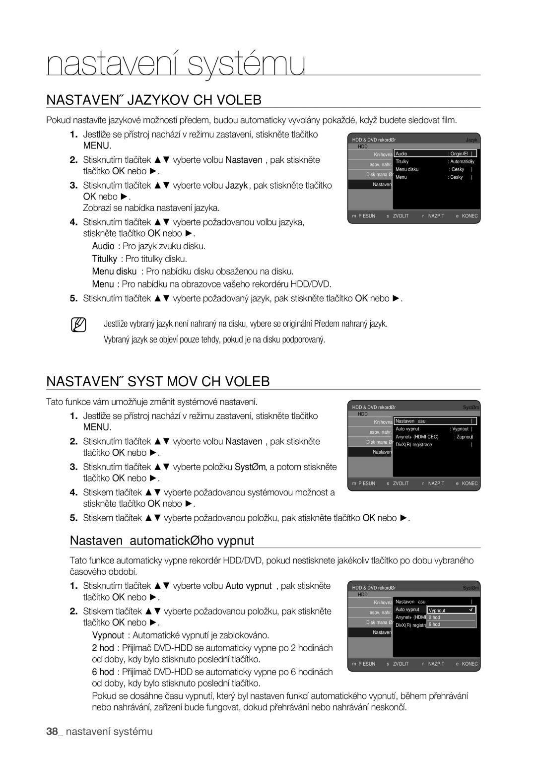 Samsung DVD-HR773/EDC manual Nastavení Jazykových Voleb, Nastavení Systémových Voleb, Nastavení automatického vypnutí 