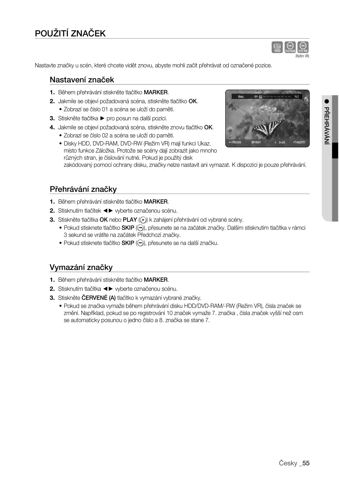 Samsung DVD-HR773/EDC manual Sxc, Použití Značek, Nastavení značek, Přehrávání značky, Vymazání značky 