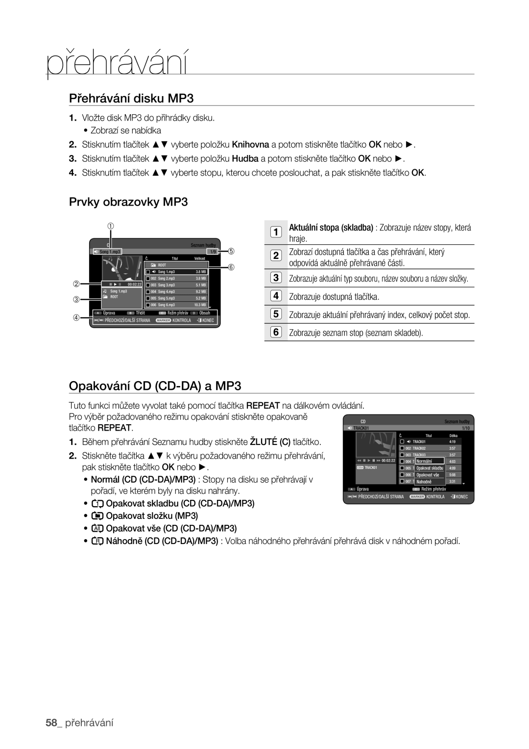 Samsung DVD-HR773/EDC manual Přehrávání disku MP3, Opakování CD CD-DA a MP3 