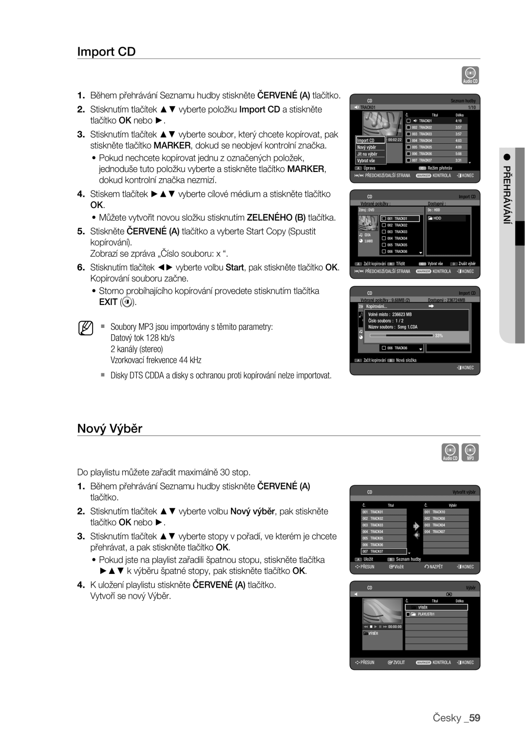 Samsung DVD-HR773/EDC manual Import CD, Nový Výběr 