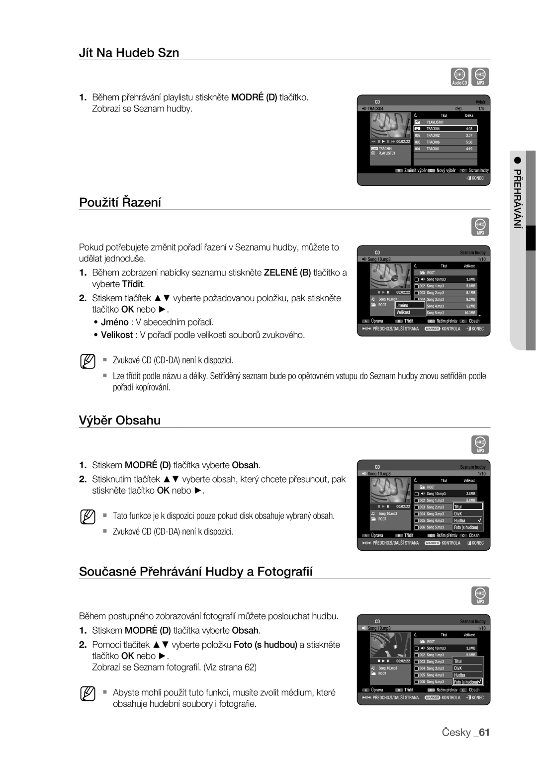 Samsung DVD-HR773/EDC manual Jít Na Hudeb Szn, Použití Řazení, Výběr Obsahu, Současné Přehrávání Hudby a Fotograﬁí 