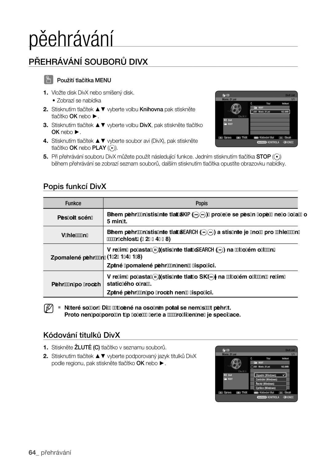 Samsung DVD-HR773/EDC manual Přehrávání Souborů Divx, Popis funkcí DivX, Kódování titulků DivX 