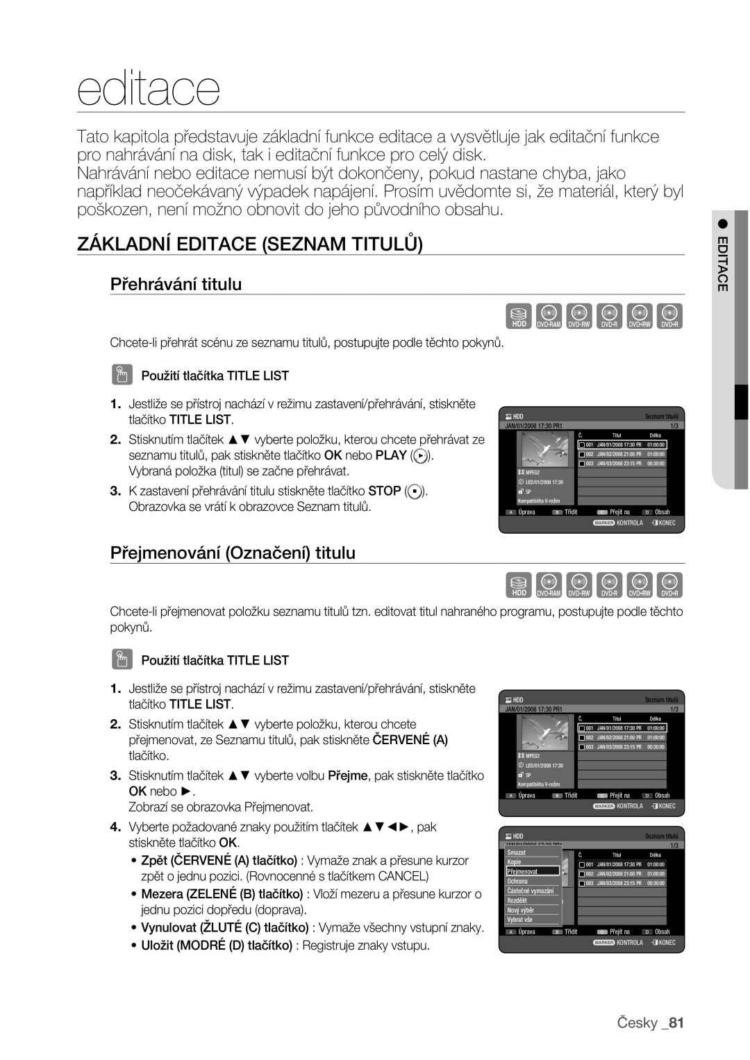 Samsung DVD-HR773/EDC manual Základní Editace Seznam Titulů, Přehrávání titulu, Přejmenování Označení titulu 