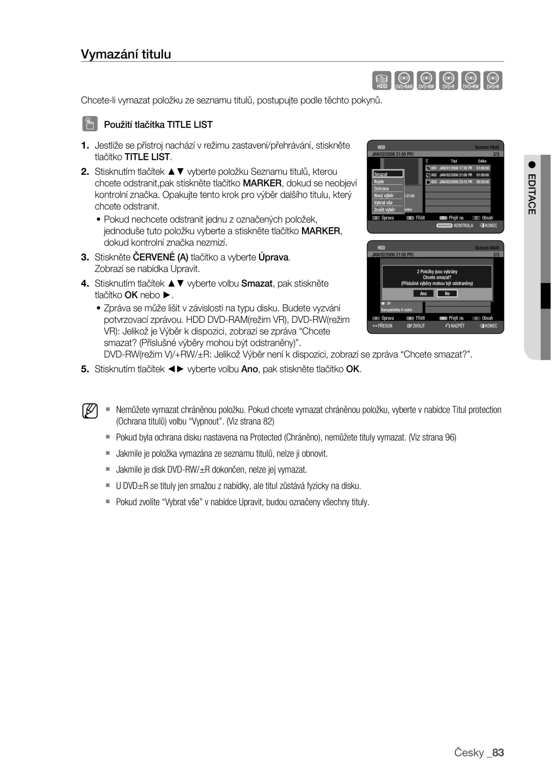 Samsung DVD-HR773/EDC manual Vymazání titulu 