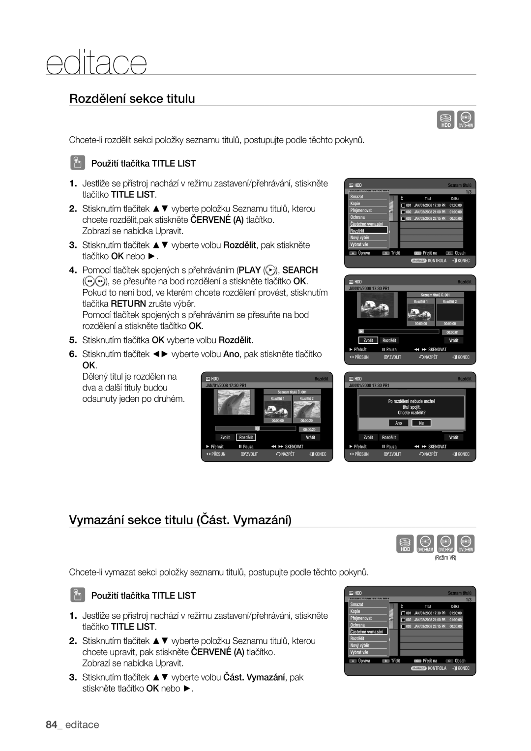 Samsung DVD-HR773/EDC manual Sxck, Rozdělení sekce titulu, Vymazání sekce titulu Část. Vymazání 