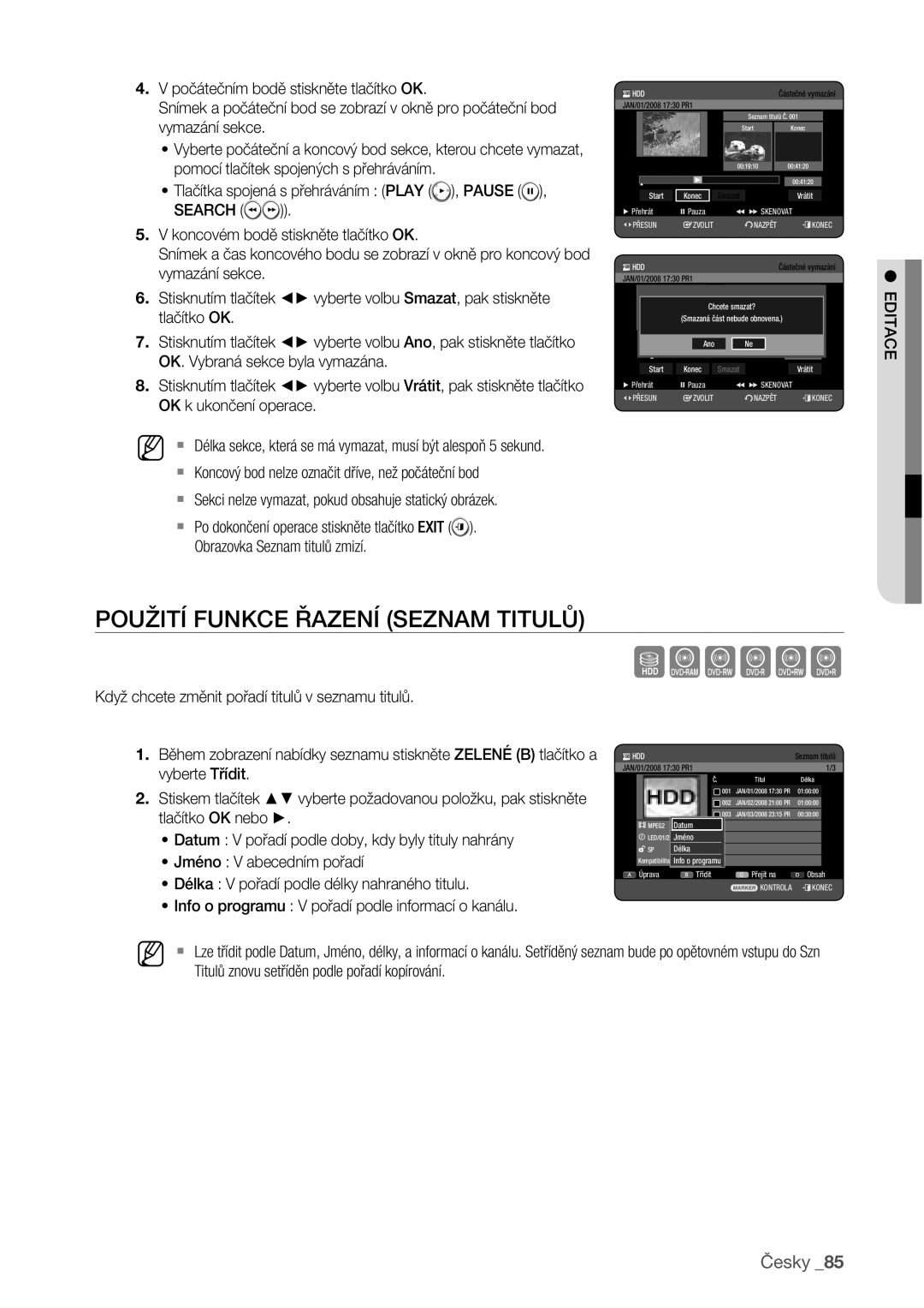 Samsung DVD-HR773/EDC manual Použití Funkce Řazení Seznam Titulů 