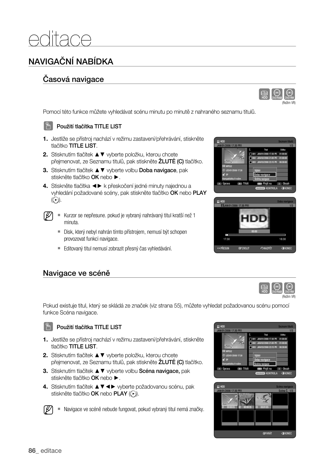 Samsung DVD-HR773/EDC manual Navigační Nabídka, Časová navigace, Navigace ve scéně 