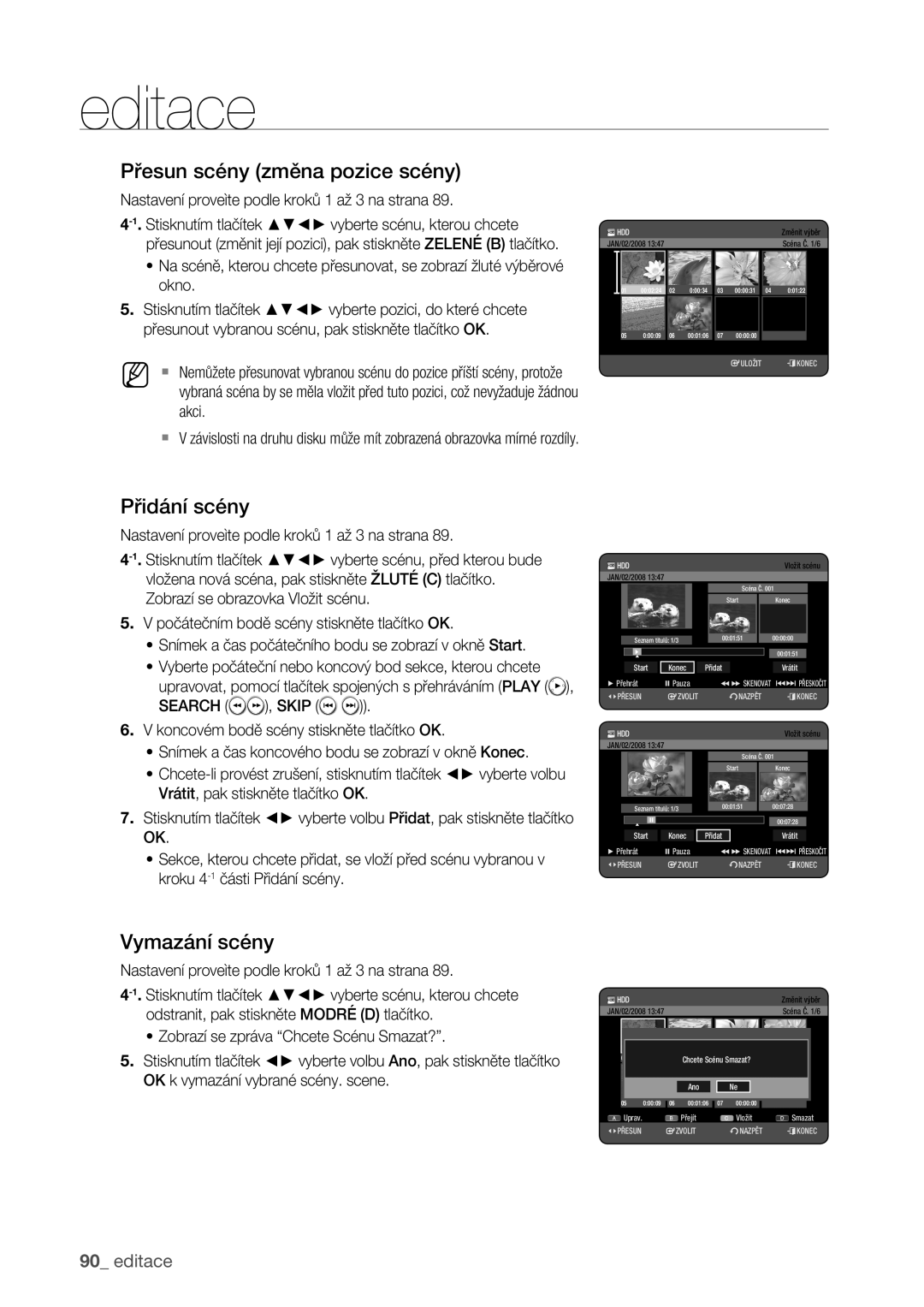 Samsung DVD-HR773/EDC manual Přesun scény změna pozice scény, Přidání scény, Vymazání scény, Search 