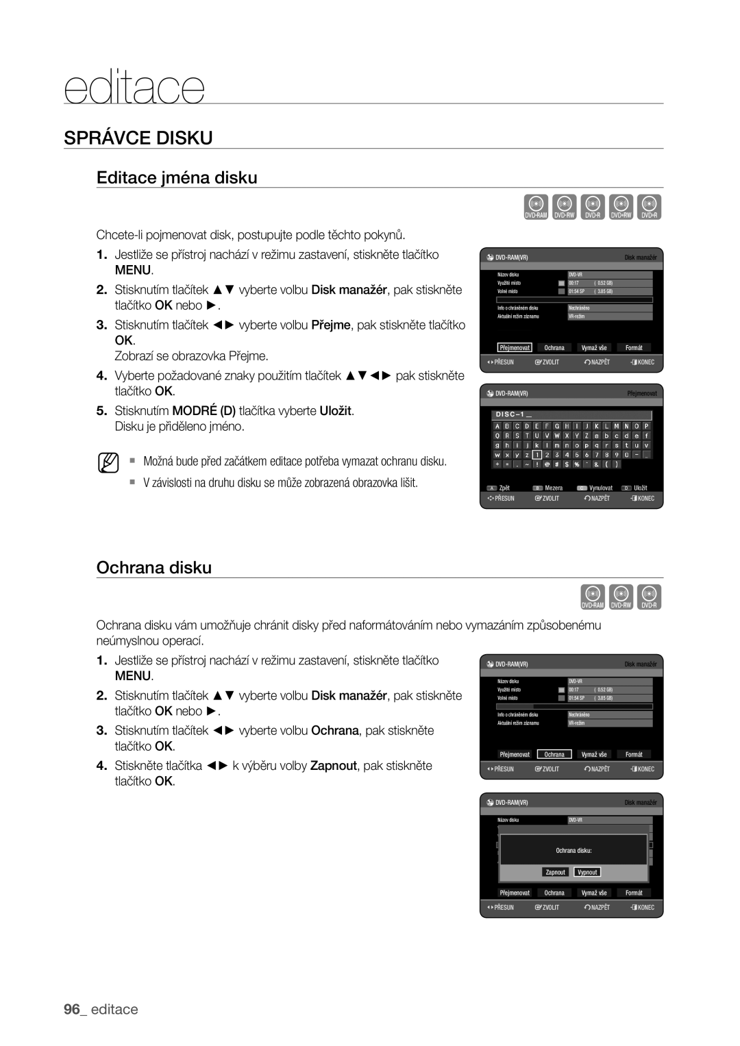 Samsung DVD-HR773/EDC manual Xcvkl, Správce Disku, Editace jména disku, Ochrana disku 