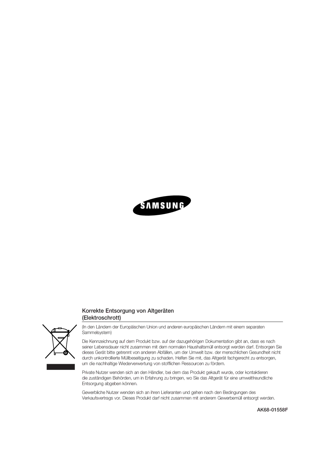 Samsung DVD-HR773/XEB, DVD-HR773/XEN, DVD-HR773/XEG manual Korrekte Entsorgung von Altgeräten Elektroschrott, AK68-01558F 