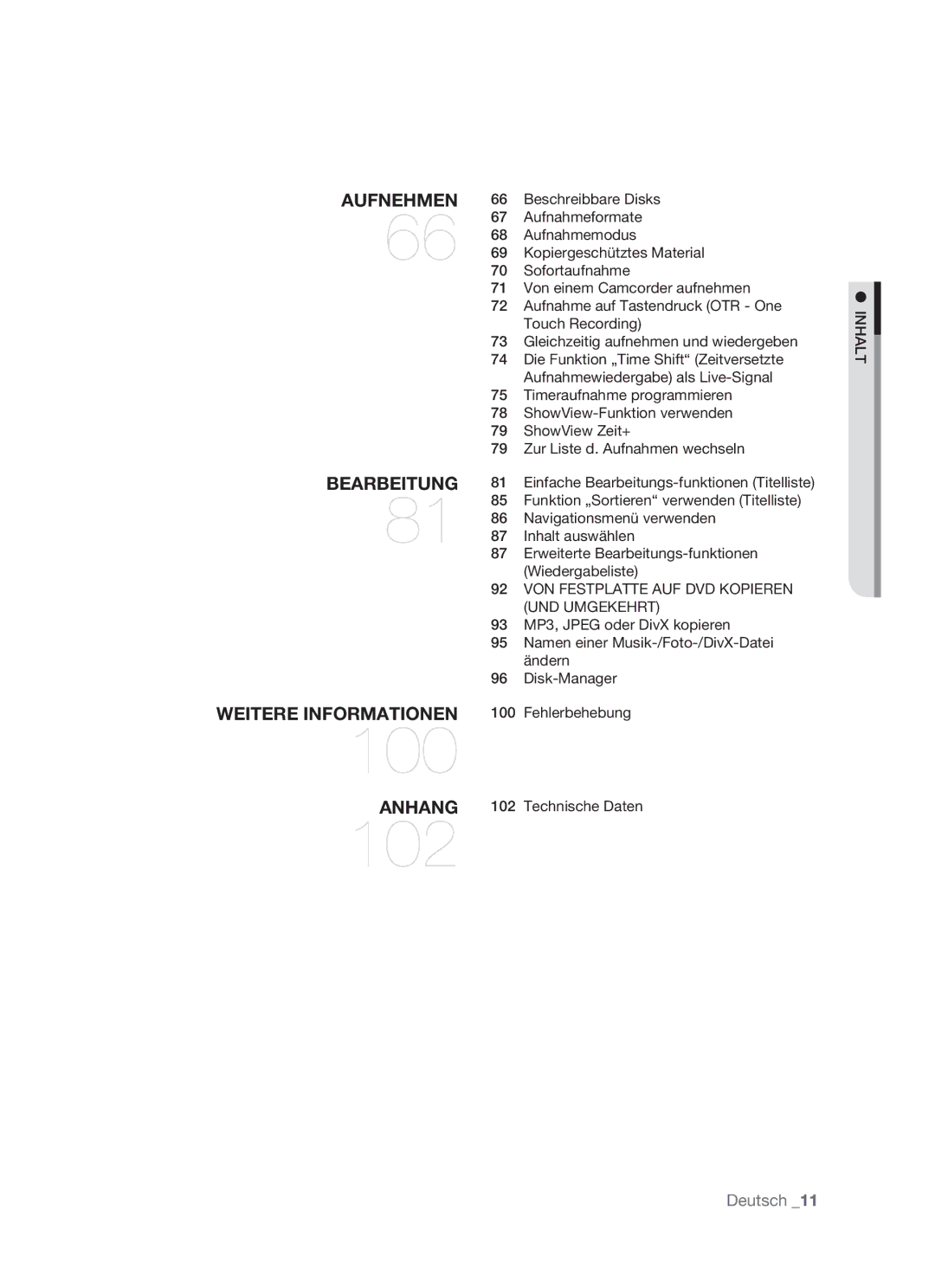 Samsung DVD-HR773/AUS, DVD-HR773/XEN, DVD-HR773/XEB, DVD-HR773/XEG manual UND Umgekehrt, Inhalt 