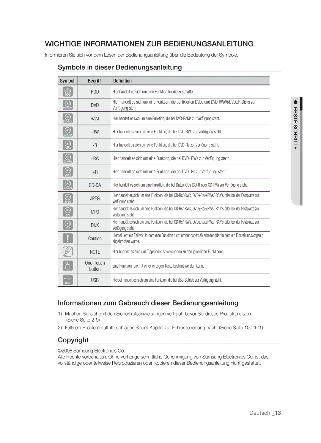 Samsung DVD-HR773/XEB Wichtige Informationen ZUR Bedienungsanleitung, Symbole in dieser Bedienungsanleitung, Copyright 