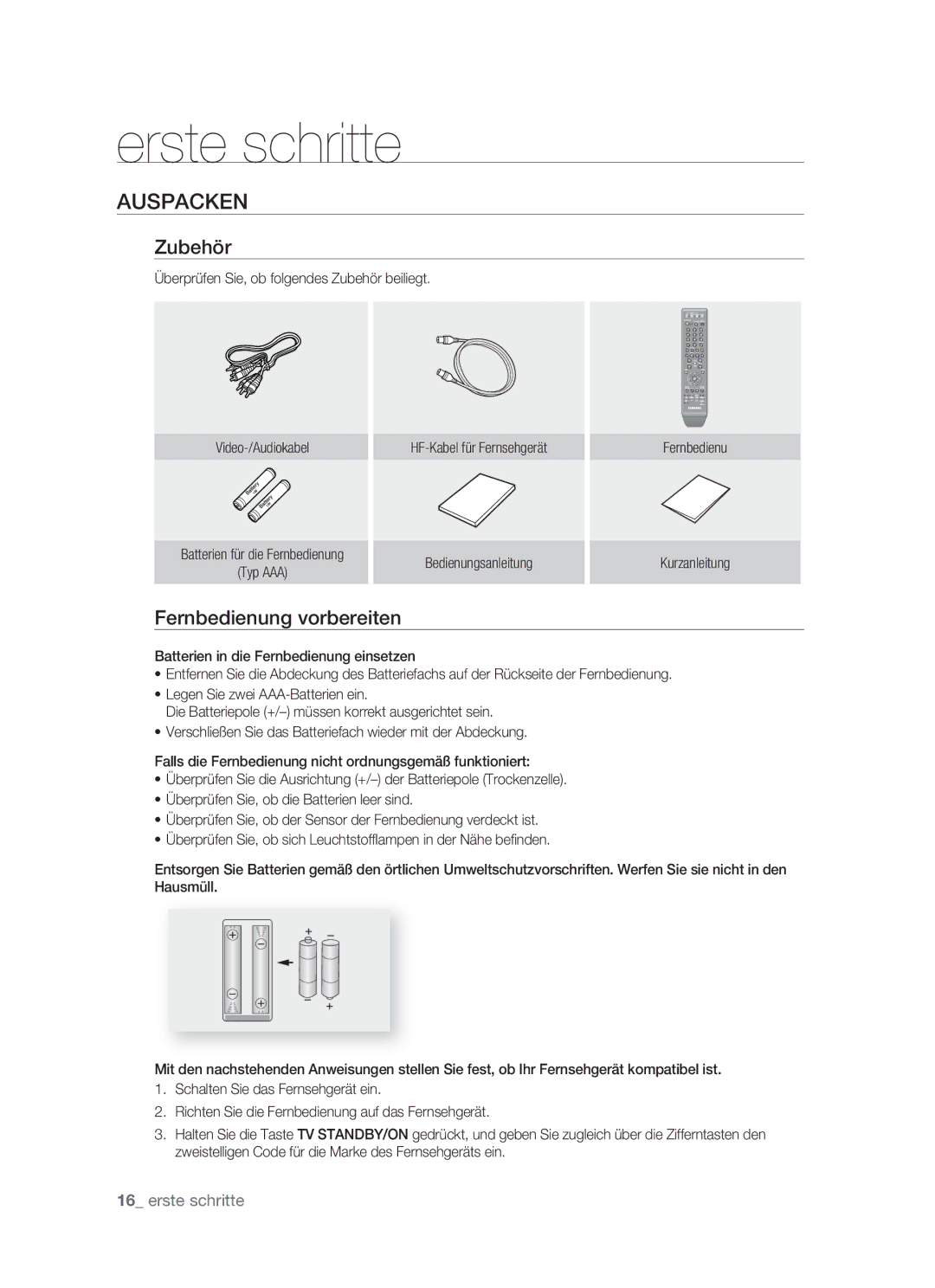 Samsung DVD-HR773/XEN, DVD-HR773/XEB, DVD-HR773/XEG, DVD-HR773/AUS manual Auspacken, Zubehör, Fernbedienung vorbereiten 