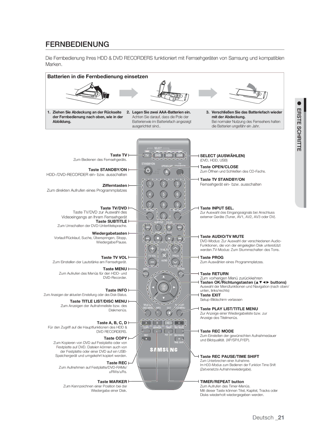 Samsung DVD-HR773/XEB, DVD-HR773/XEN, DVD-HR773/XEG, DVD-HR773/AUS manual Batterien in die Fernbedienung einsetzen 