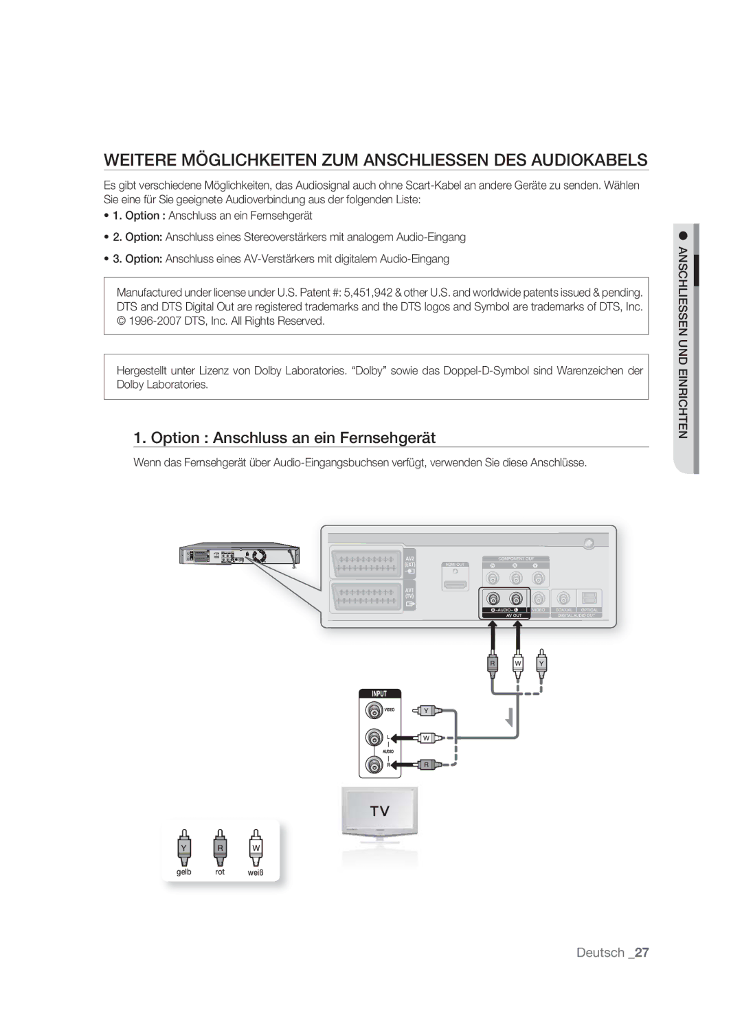 Samsung DVD-HR773/AUS manual Weitere Möglichkeiten ZUM Anschliessen DES Audiokabels, Option Anschluss an ein Fernsehgerät 