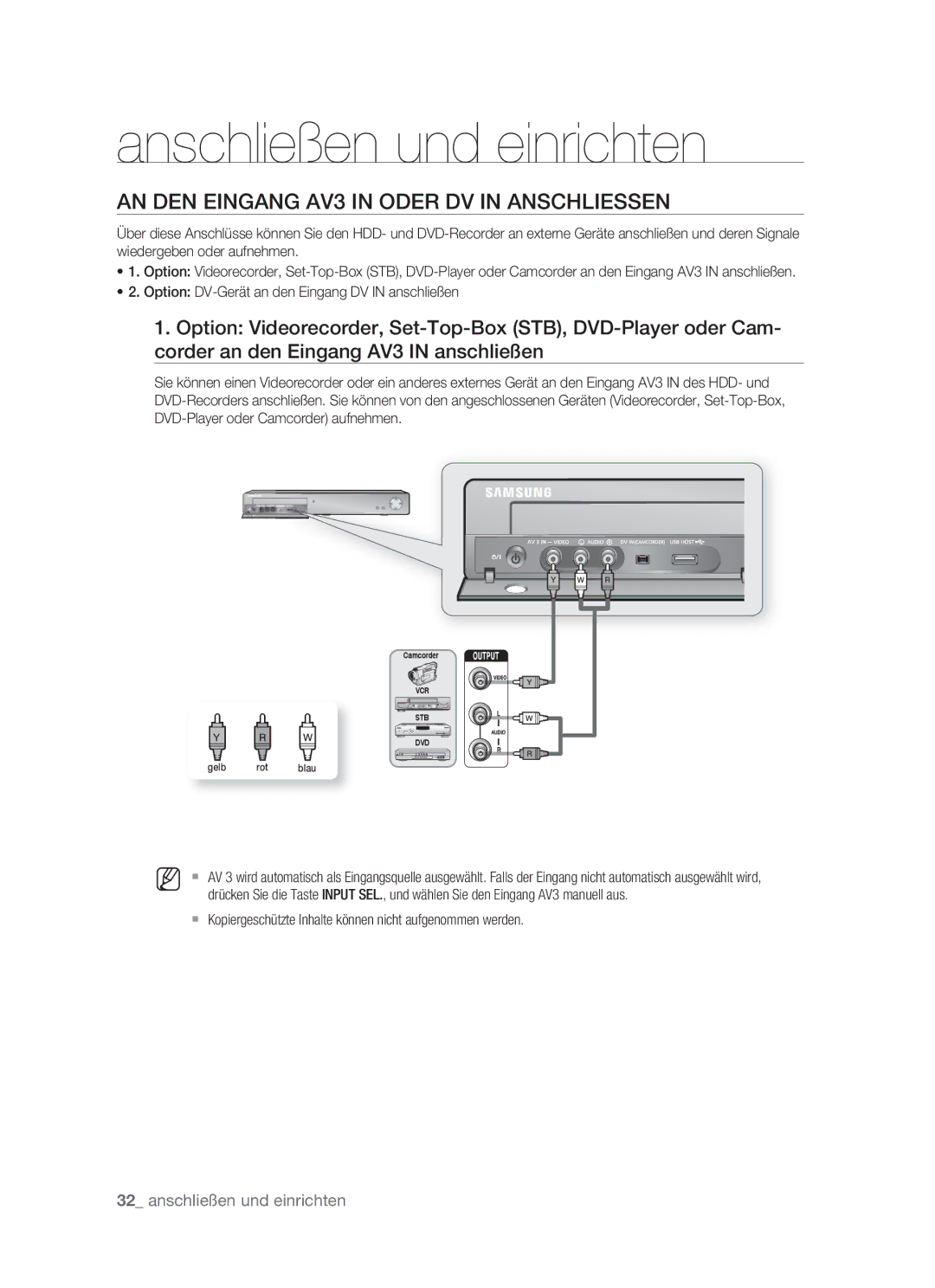 Samsung DVD-HR773/XEN AN DEN Eingang AV3 in Oder DV in Anschliessen, Option DV-Gerät an den Eingang DV in anschließen 