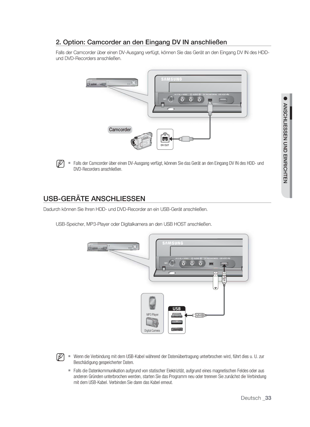 Samsung DVD-HR773/XEB, DVD-HR773/XEN manual USB-GERÄTE Anschliessen, Option Camcorder an den Eingang DV in anschließen 