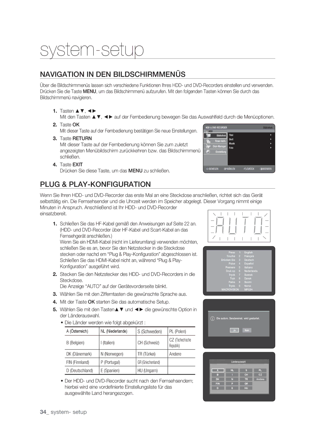 Samsung DVD-HR773/XEG, DVD-HR773/XEN System-setup, Navigation in DEN Bildschirmmenüs, Plug & PLAY-KONFIGURATION, Taste OK 