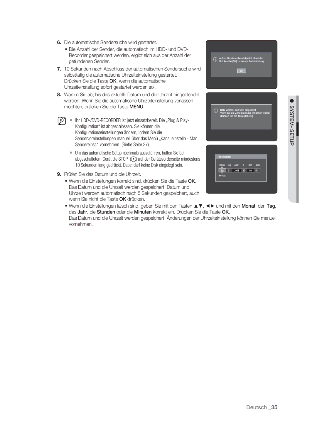 Samsung DVD-HR773/AUS, DVD-HR773/XEN, DVD-HR773/XEB, DVD-HR773/XEG manual Prüfen Sie das Datum und die Uhrzeit, SYSTEM- Setup 