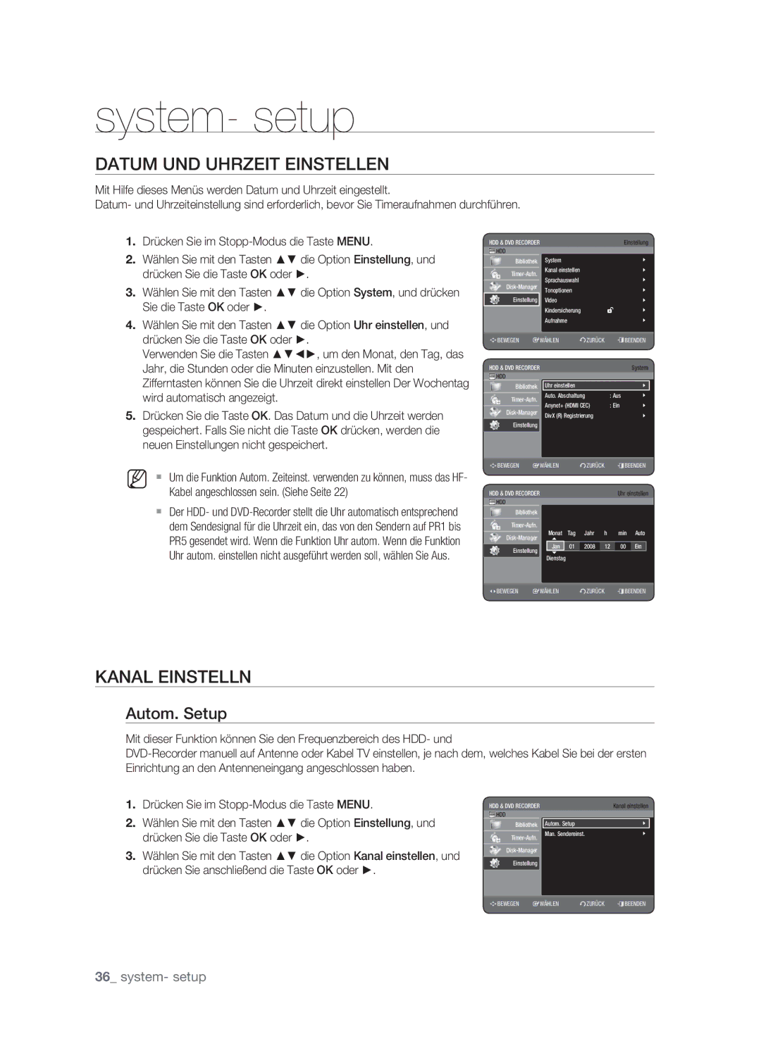 Samsung DVD-HR773/XEN, DVD-HR773/XEB manual System- setup, Datum UND Uhrzeit Einstellen, Kanal Einstelln, Autom. Setup 