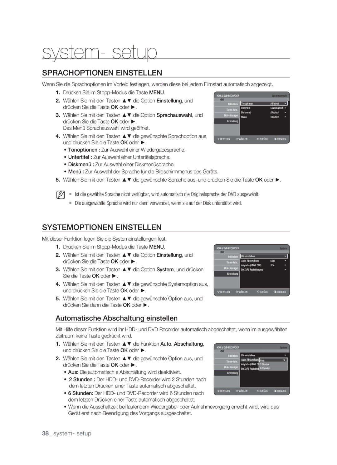 Samsung DVD-HR773/XEG manual Sprachoptionen Einstellen, Systemoptionen Einstellen, Automatische Abschaltung einstellen 