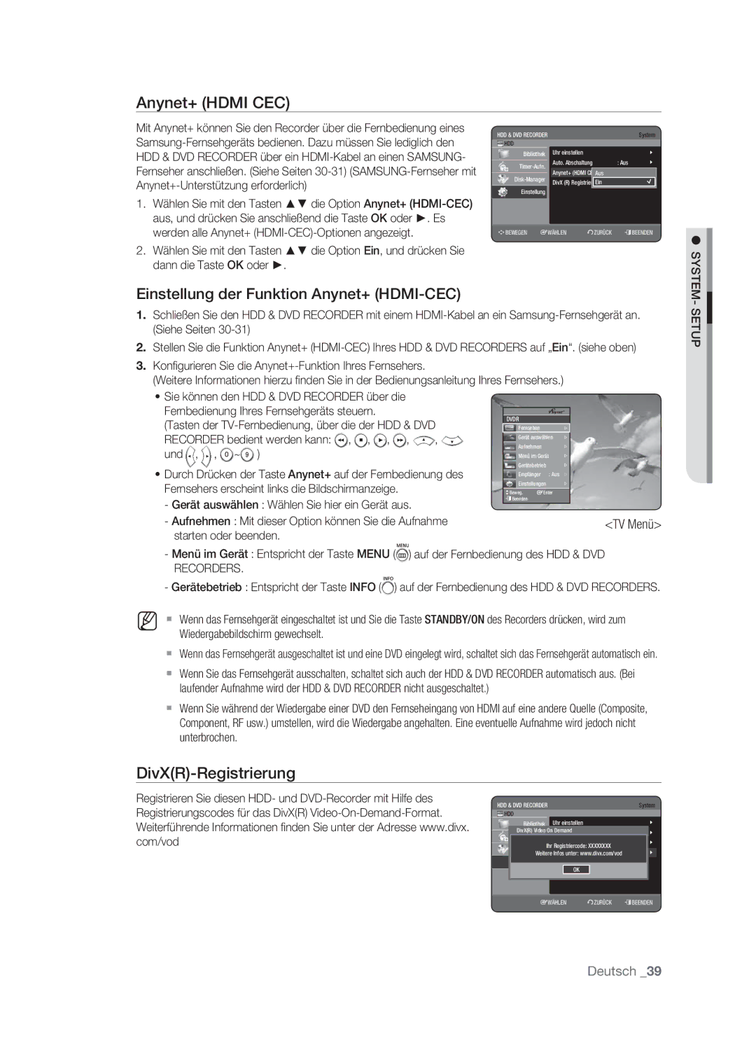 Samsung DVD-HR773/AUS manual Anynet+ Hdmi CEC, Einstellung der Funktion Anynet+ HDMI-CEC, DivXR-Registrierung, Setup 