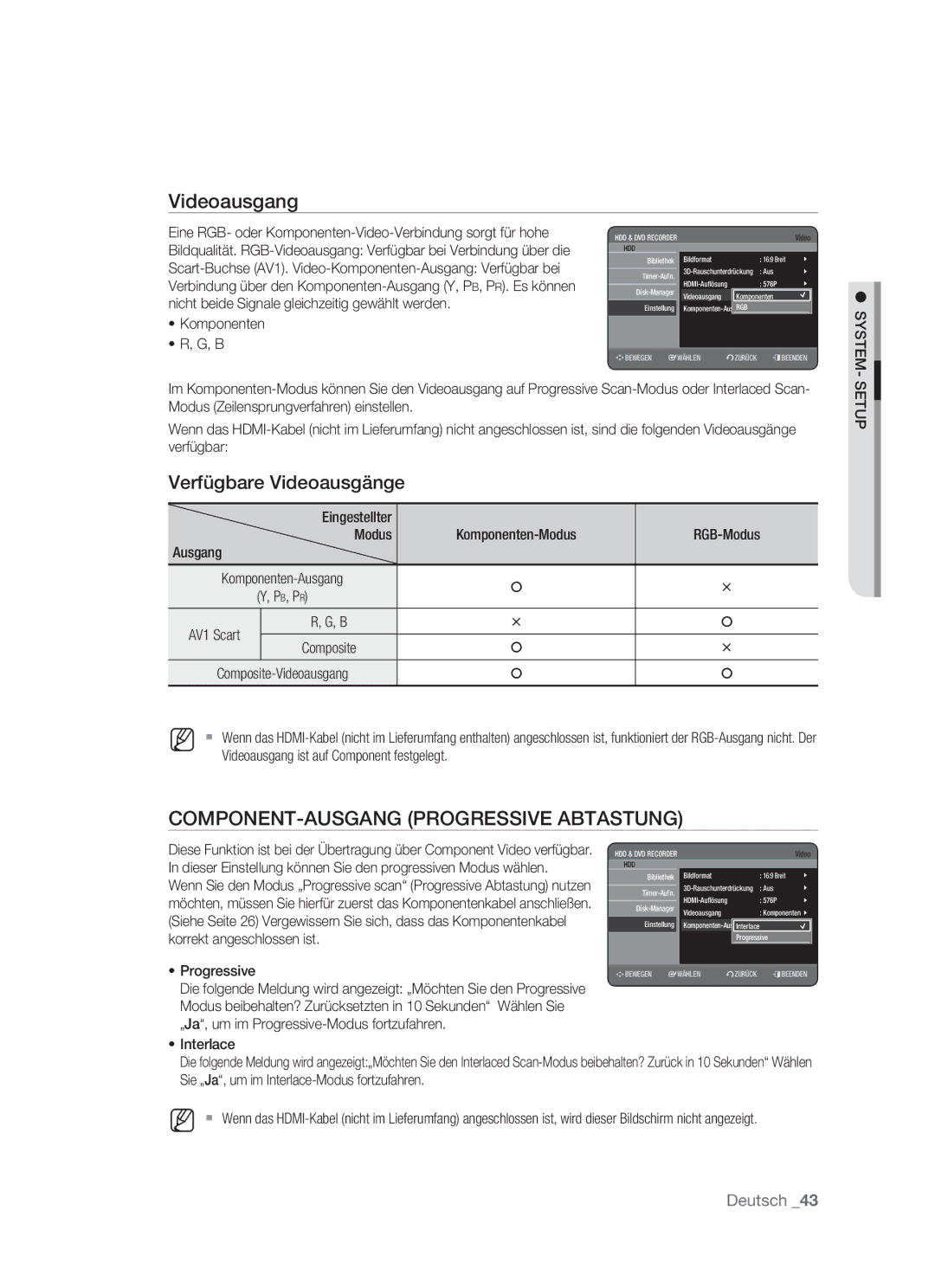 Samsung DVD-HR773/AUS, DVD-HR773/XEN, DVD-HR773/XEB, DVD-HR773/XEG manual Videoausgang, Verfügbare Videoausgänge 