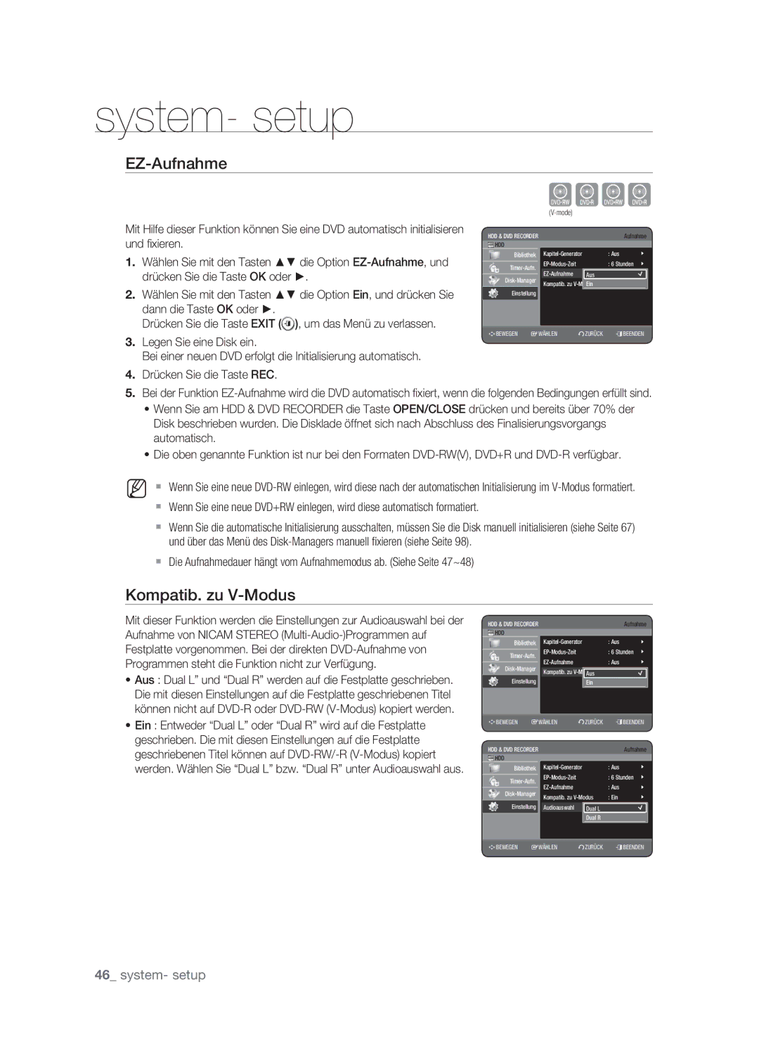 Samsung DVD-HR773/XEG, DVD-HR773/XEN, DVD-HR773/XEB, DVD-HR773/AUS EZ-Aufnahme, Kompatib. zu V-Modus, Dann die Taste OK oder 