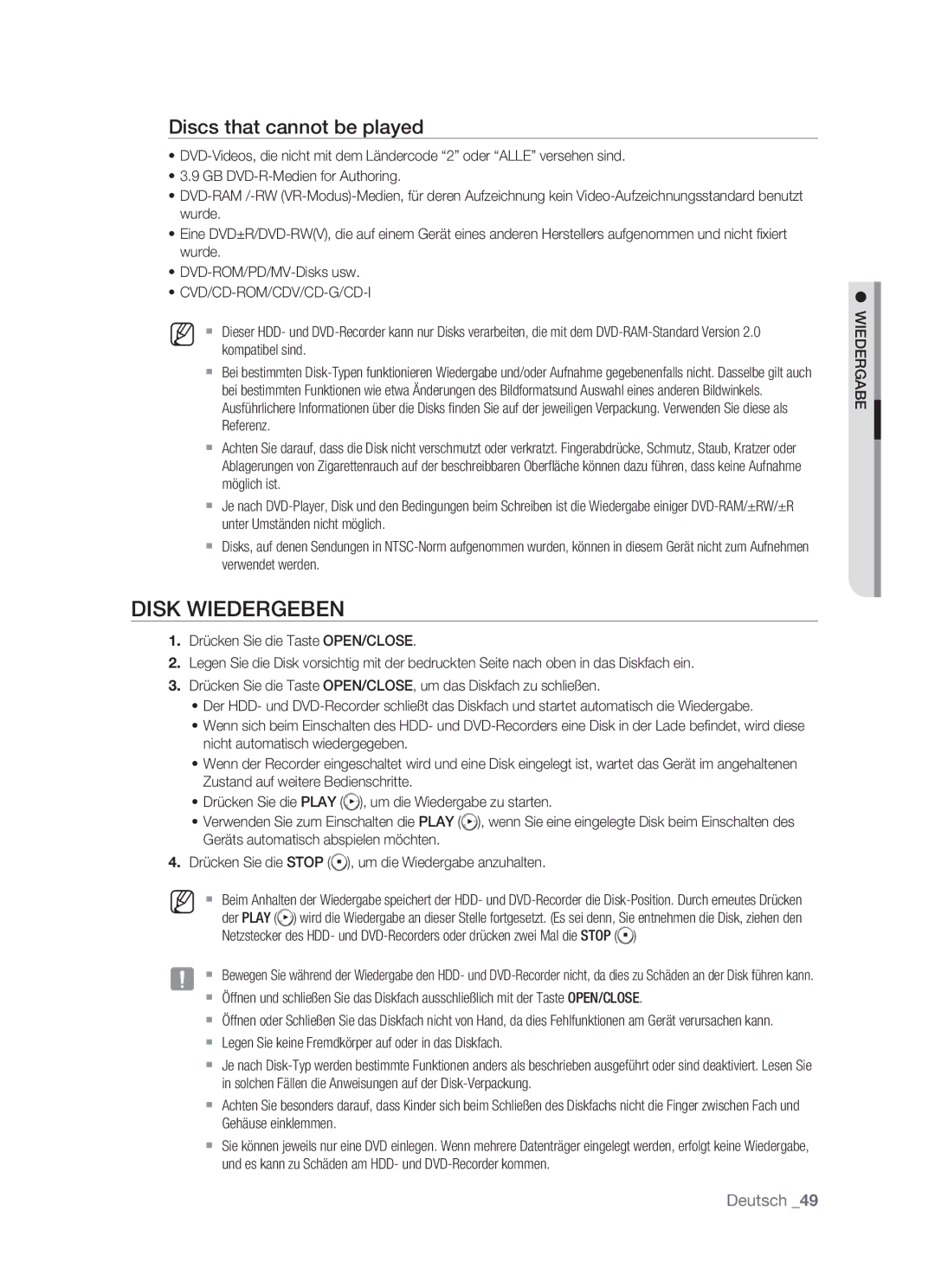 Samsung DVD-HR773/XEB, DVD-HR773/XEN, DVD-HR773/XEG Disk Wiedergeben, Discs that cannot be played, Cvd/Cd-Rom/Cdv/Cd-G/Cd-I 