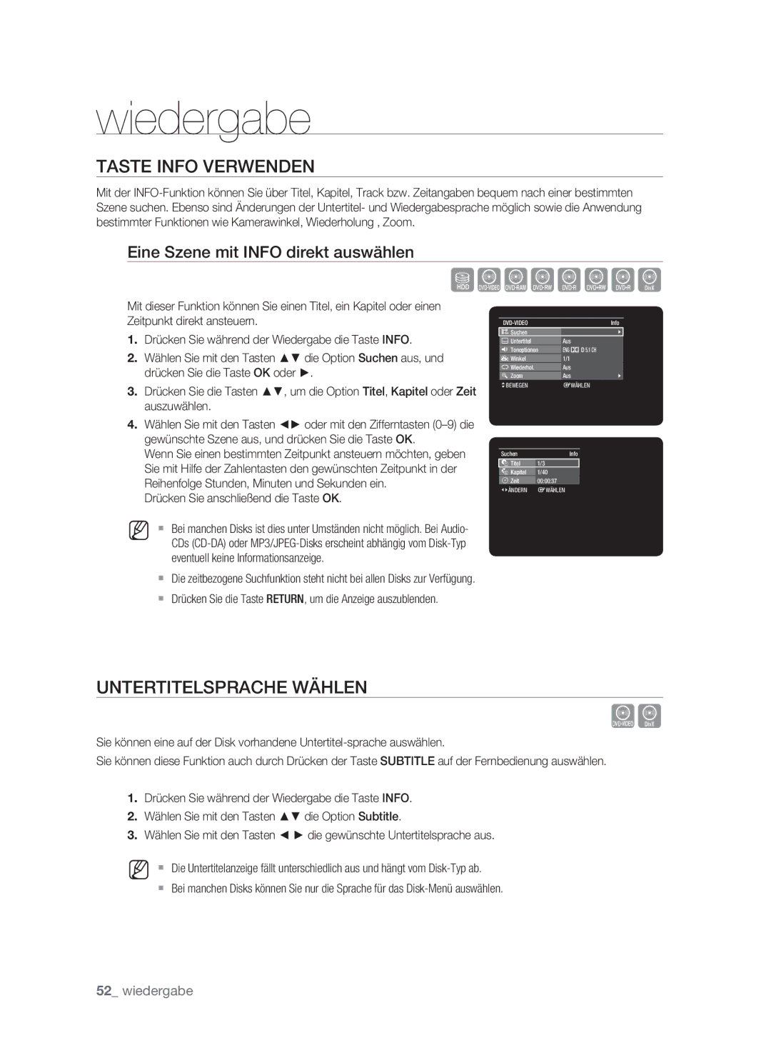 Samsung DVD-HR773/XEN manual Szxcvkld, Taste Info Verwenden, Untertitelsprache Wählen, Eine Szene mit Info direkt auswählen 