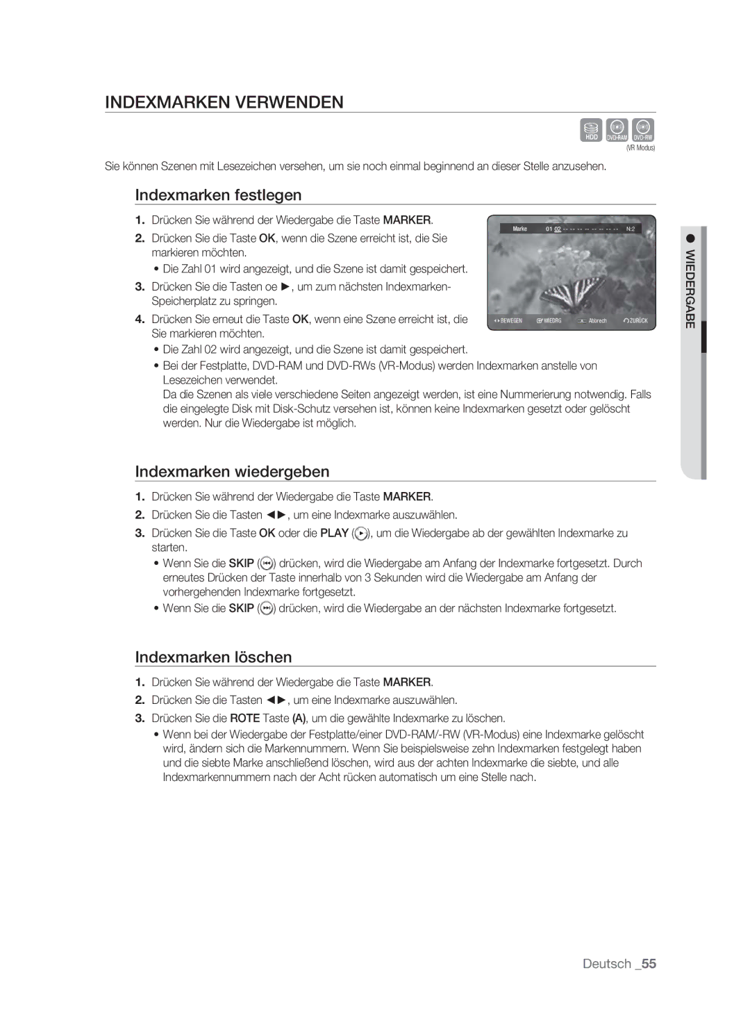 Samsung DVD-HR773/AUS Sxc, Indexmarken Verwenden, Indexmarken festlegen, Indexmarken wiedergeben, Indexmarken löschen 