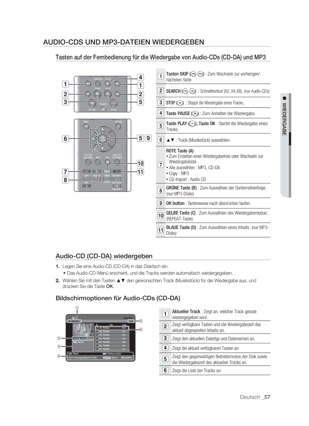 Samsung DVD-HR773/XEB, DVD-HR773/XEN, DVD-HR773/XEG manual AUDIO-CDS UND MP3-DATEIEN Wiedergeben, Audio-CD CD-DA wiedergeben 