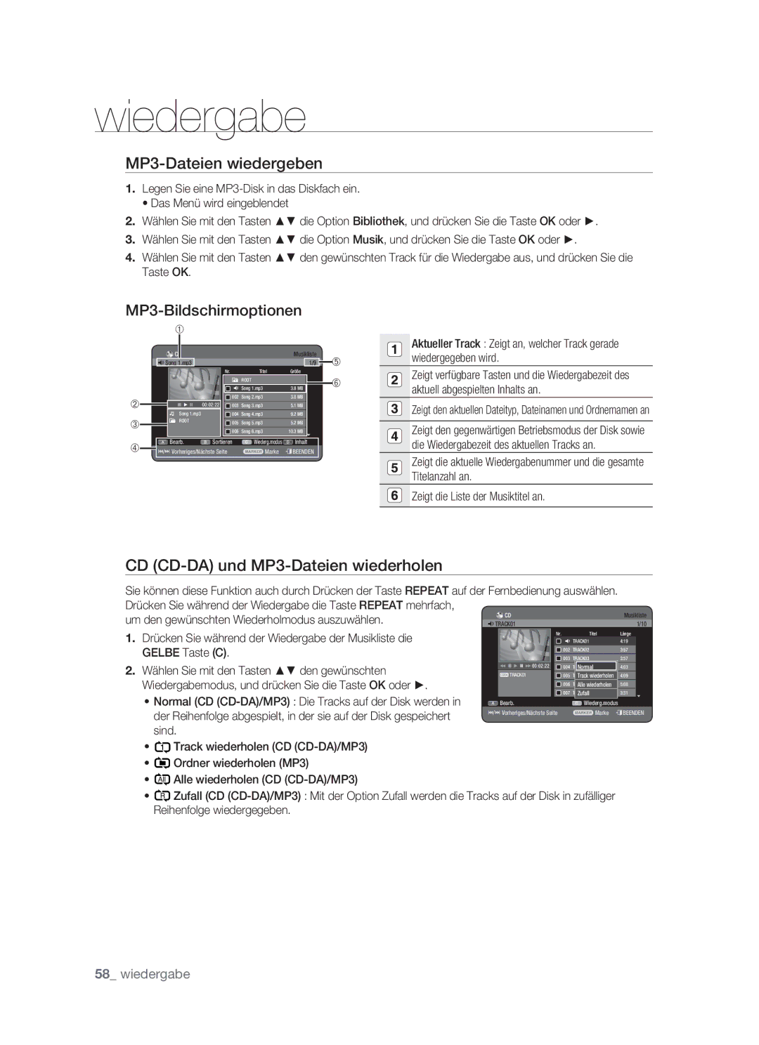 Samsung DVD-HR773/XEG, DVD-HR773/XEN MP3-Dateien wiedergeben, MP3-Bildschirmoptionen, CD CD-DA und MP3-Dateien wiederholen 