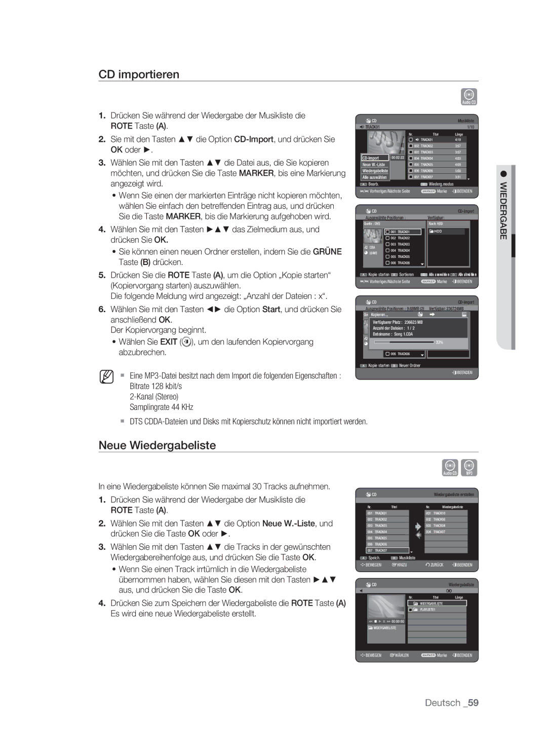 Samsung DVD-HR773/AUS manual CD importieren, Neue Wiedergabeliste, Die folgende Meldung wird angezeigt „Anzahl der Dateien 