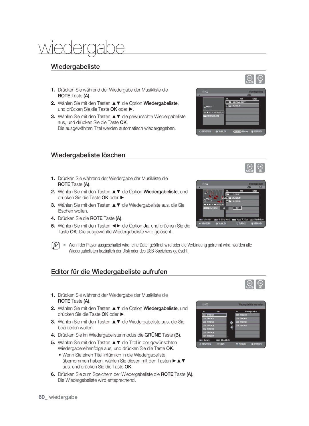 Samsung DVD-HR773/XEN, DVD-HR773/XEB, DVD-HR773/XEG Wiedergabeliste löschen, Editor für die Wiedergabeliste aufrufen 