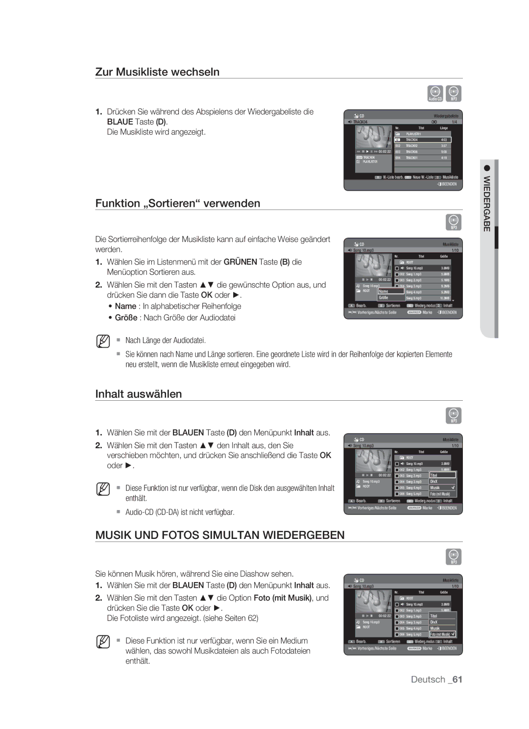 Samsung DVD-HR773/XEB, DVD-HR773/XEN manual Zur Musikliste wechseln, Funktion „Sortieren verwenden, Inhalt auswählen 