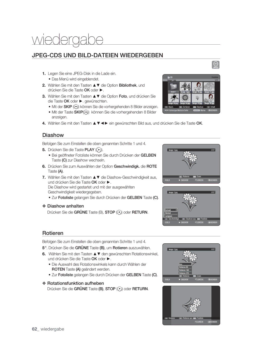 Samsung DVD-HR773/XEG, DVD-HR773/XEN, DVD-HR773/XEB, DVD-HR773/AUS JPEG-CDS UND BILD-DATEIEN Wiedergeben, Diashow, Rotieren 