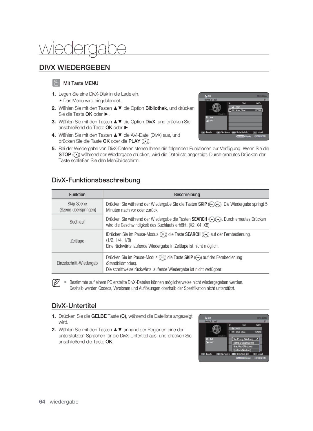 Samsung DVD-HR773/XEN, DVD-HR773/XEB, DVD-HR773/XEG manual Divx Wiedergeben, DivX-Funktionsbeschreibung, DivX-Untertitel 