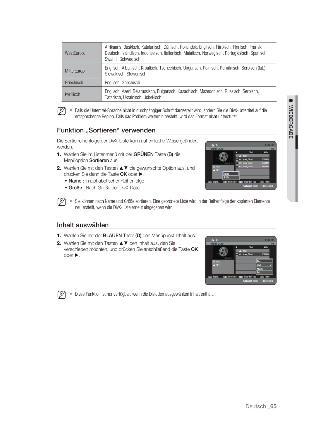 Samsung DVD-HR773/XEB manual WestEurop, Swahili, Schwedisch, MittelEurop, Slowakisch, Slowenisch, Menüoption Sortieren aus 