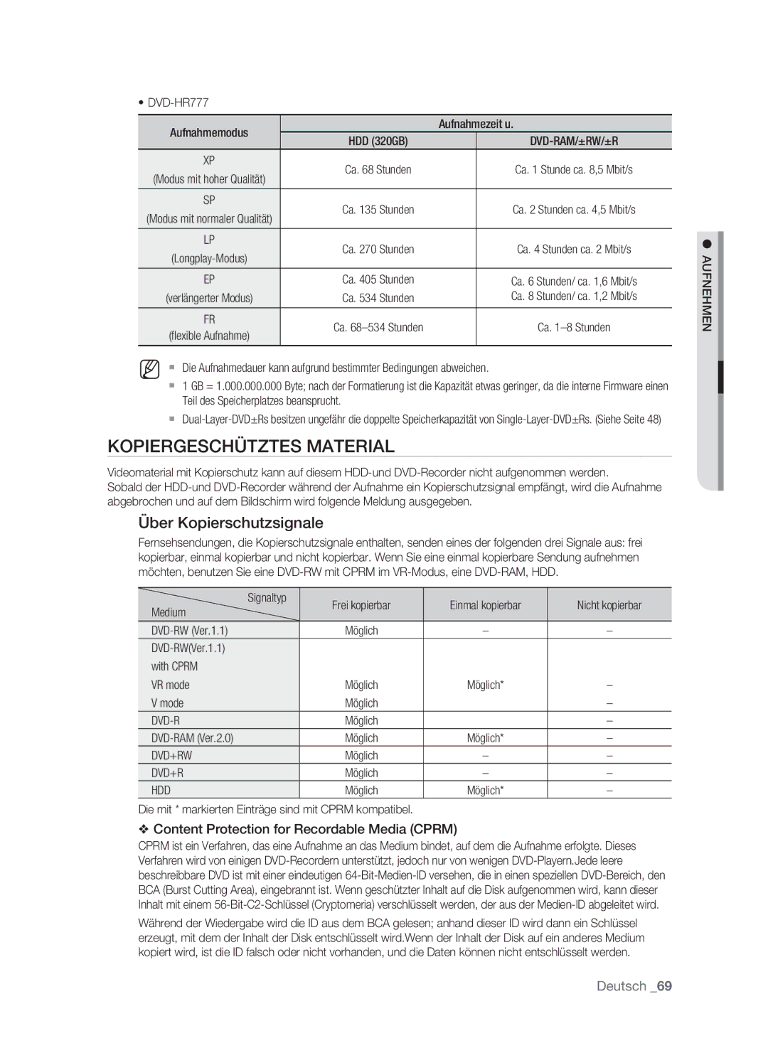 Samsung DVD-HR773/XEB, DVD-HR773/XEN, DVD-HR773/XEG Kopiergeschütztes Material, Über Kopierschutzsignale, Dvd-R, Dvd+R, Hdd 