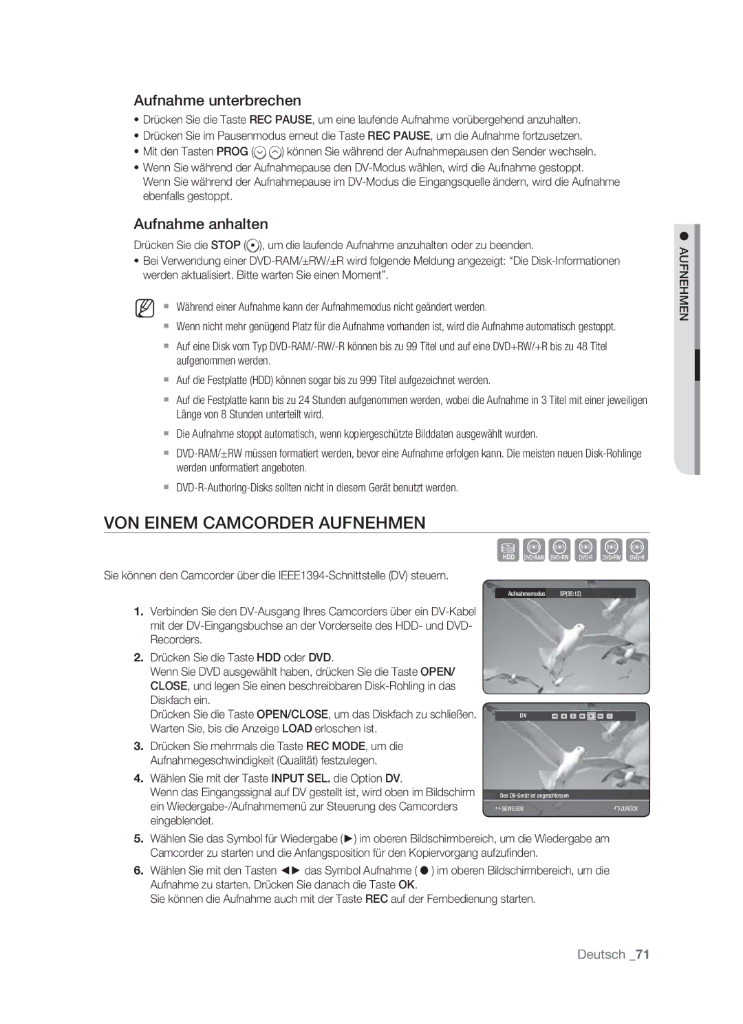 Samsung DVD-HR773/AUS, DVD-HR773/XEN, DVD-HR773/XEB VON Einem Camcorder Aufnehmen, Aufnahme unterbrechen, Aufnahme anhalten 